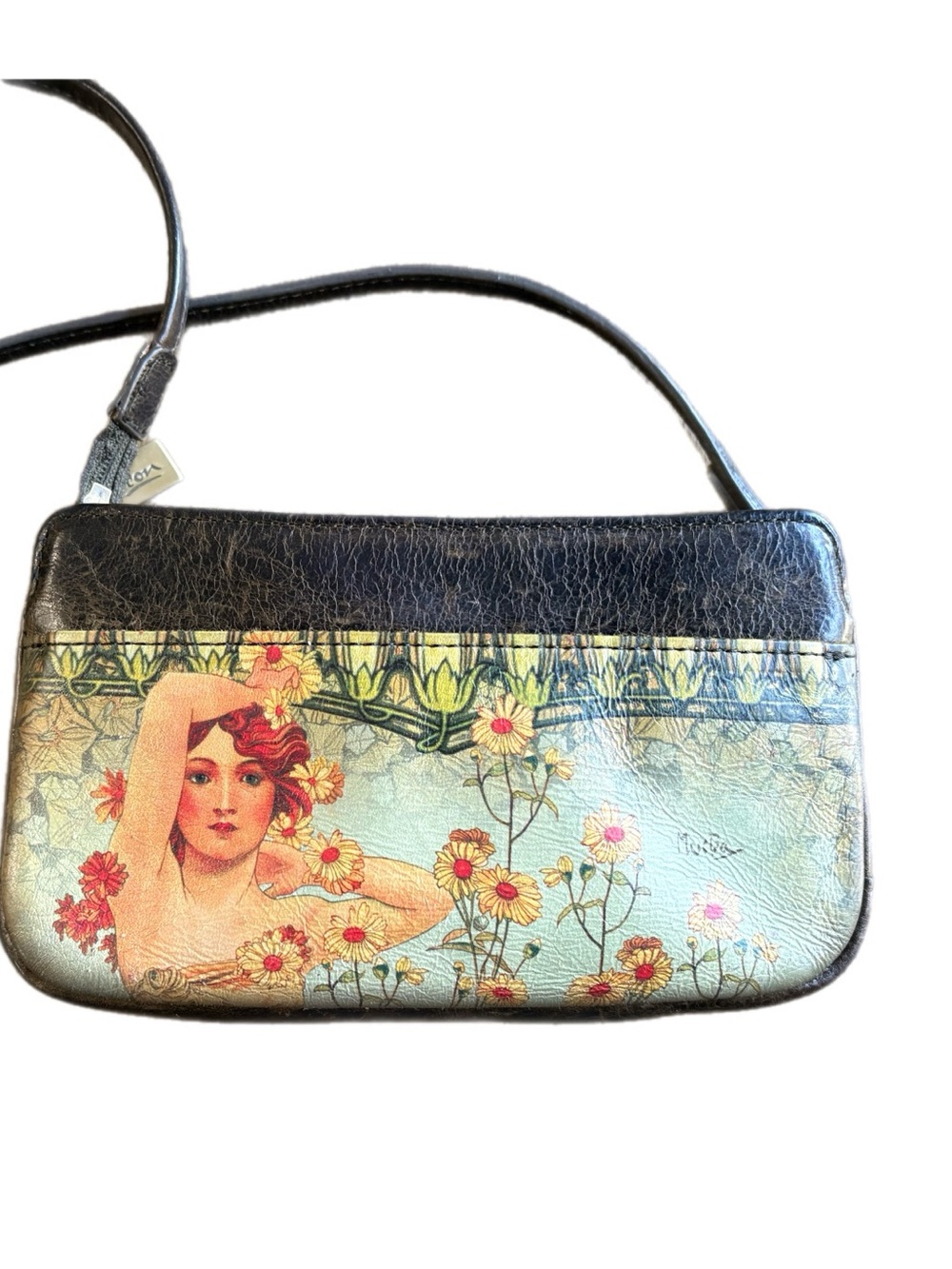 Jeon Los Angeles Genuine Leather Crossbody Bag Nouveau Floral Maiden Print Art